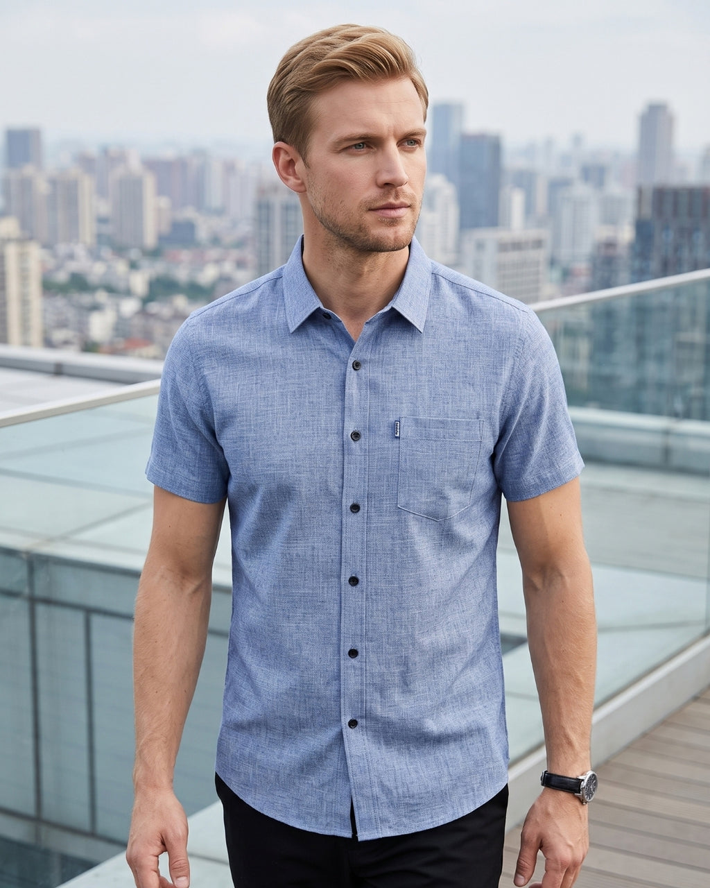 Camisa Manga Curta Textura Linho Com Bolso Frontal