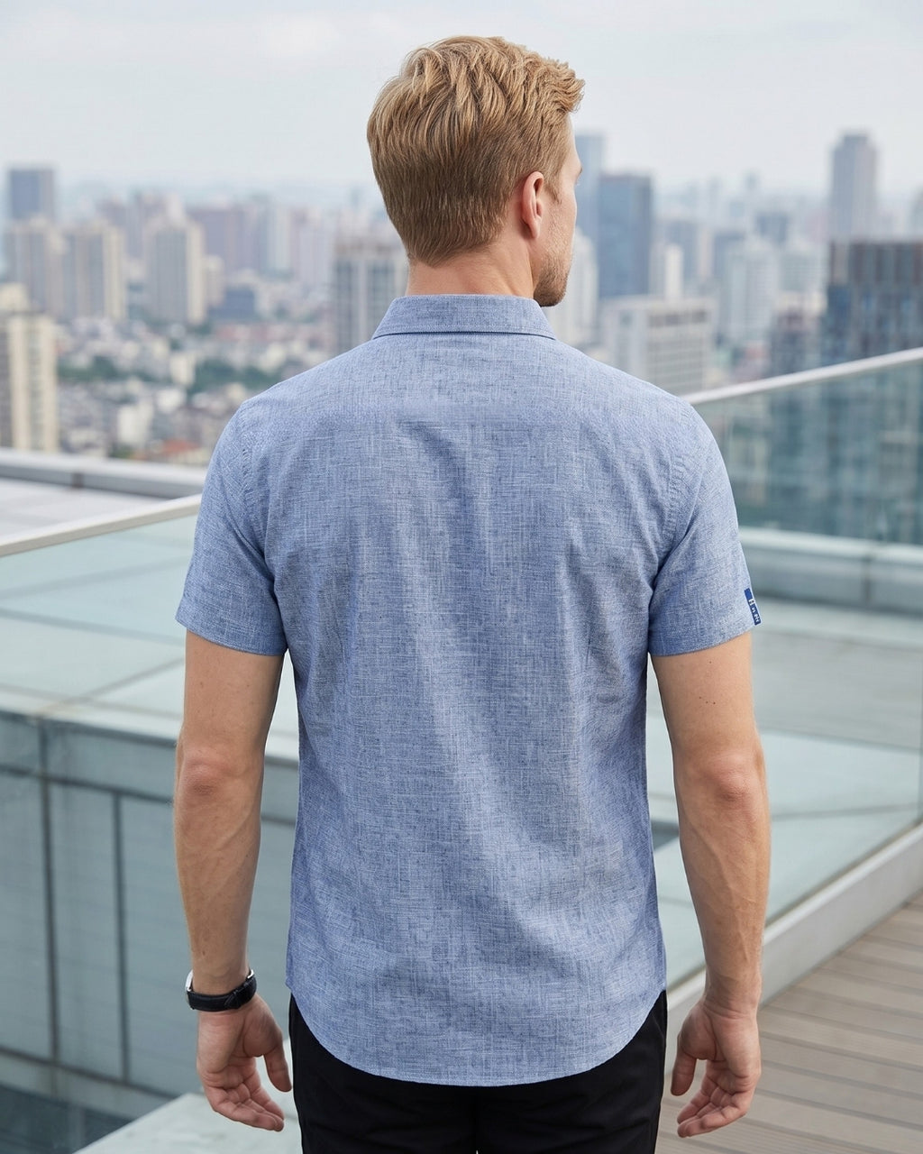 Camisa Manga Curta Textura Linho Com Bolso Frontal