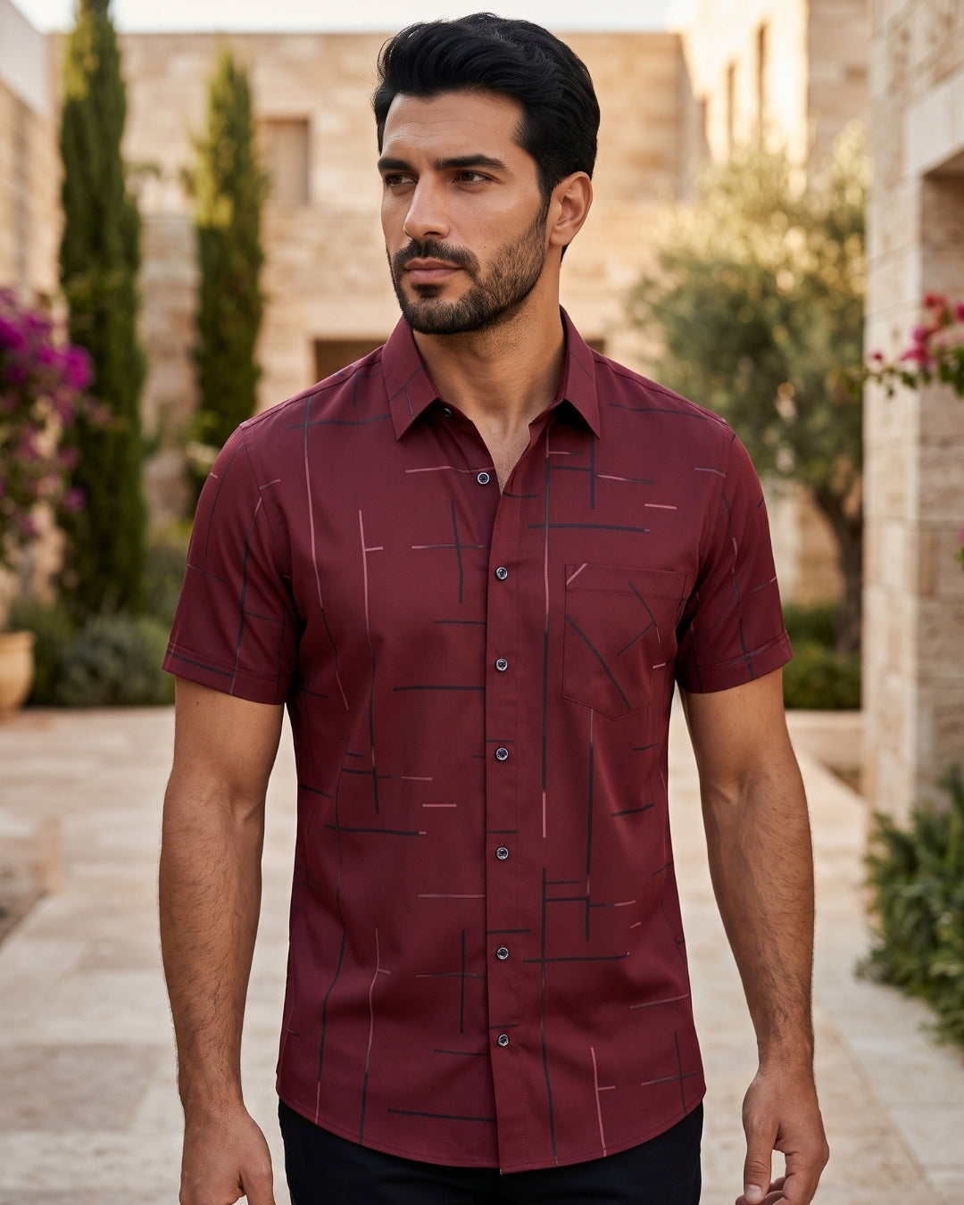 Camisa Manga Curta Estampa Geométrica Com Bolso Frontal