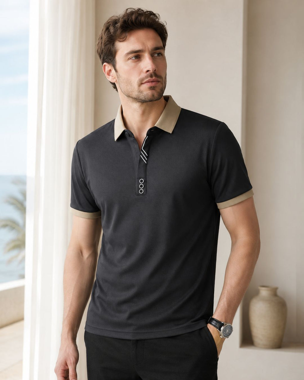Camisa Polo Manga Curta Gola Contrastante Com Botões