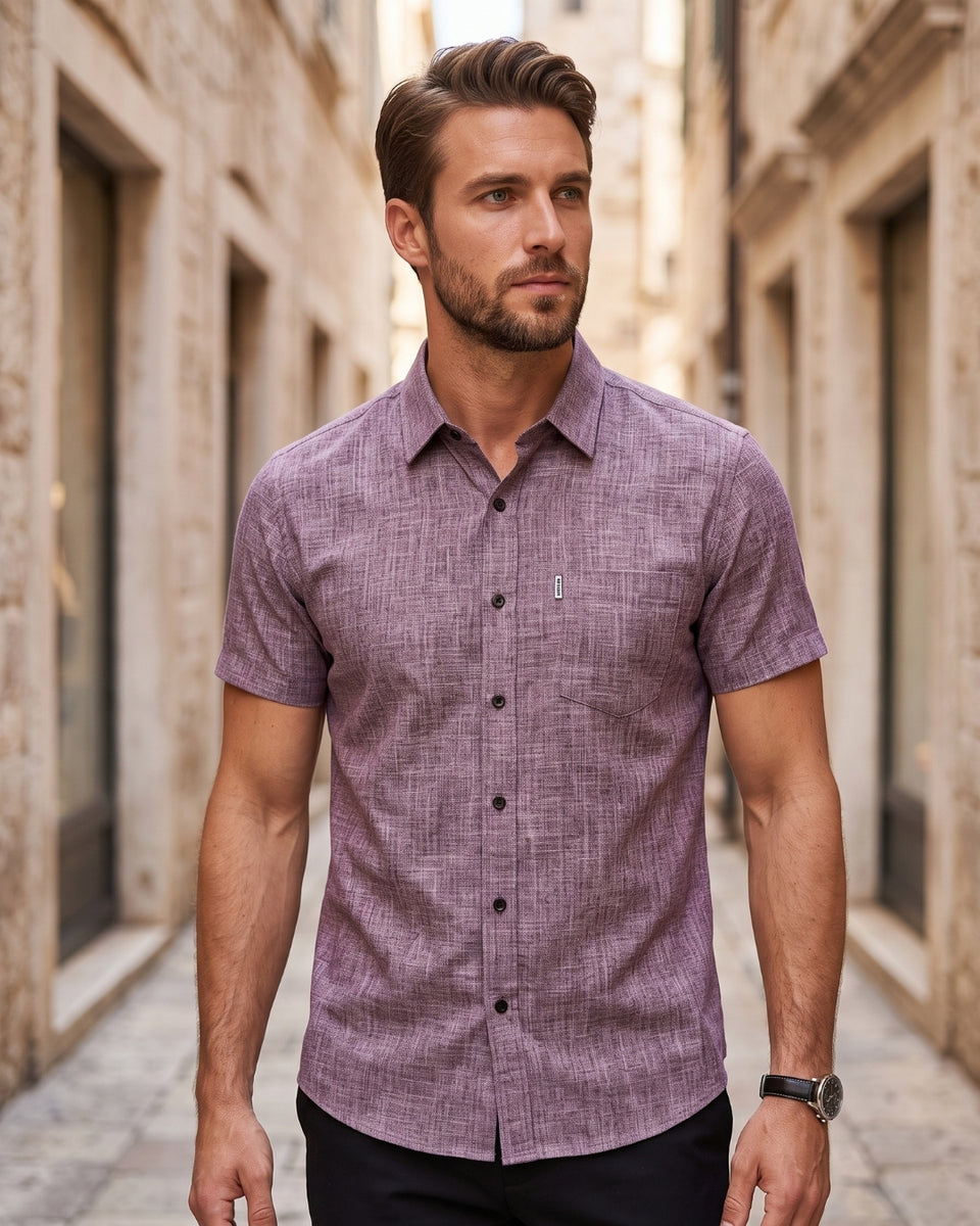 Camisa Manga Curta Textura Linho Com Bolso Frontal