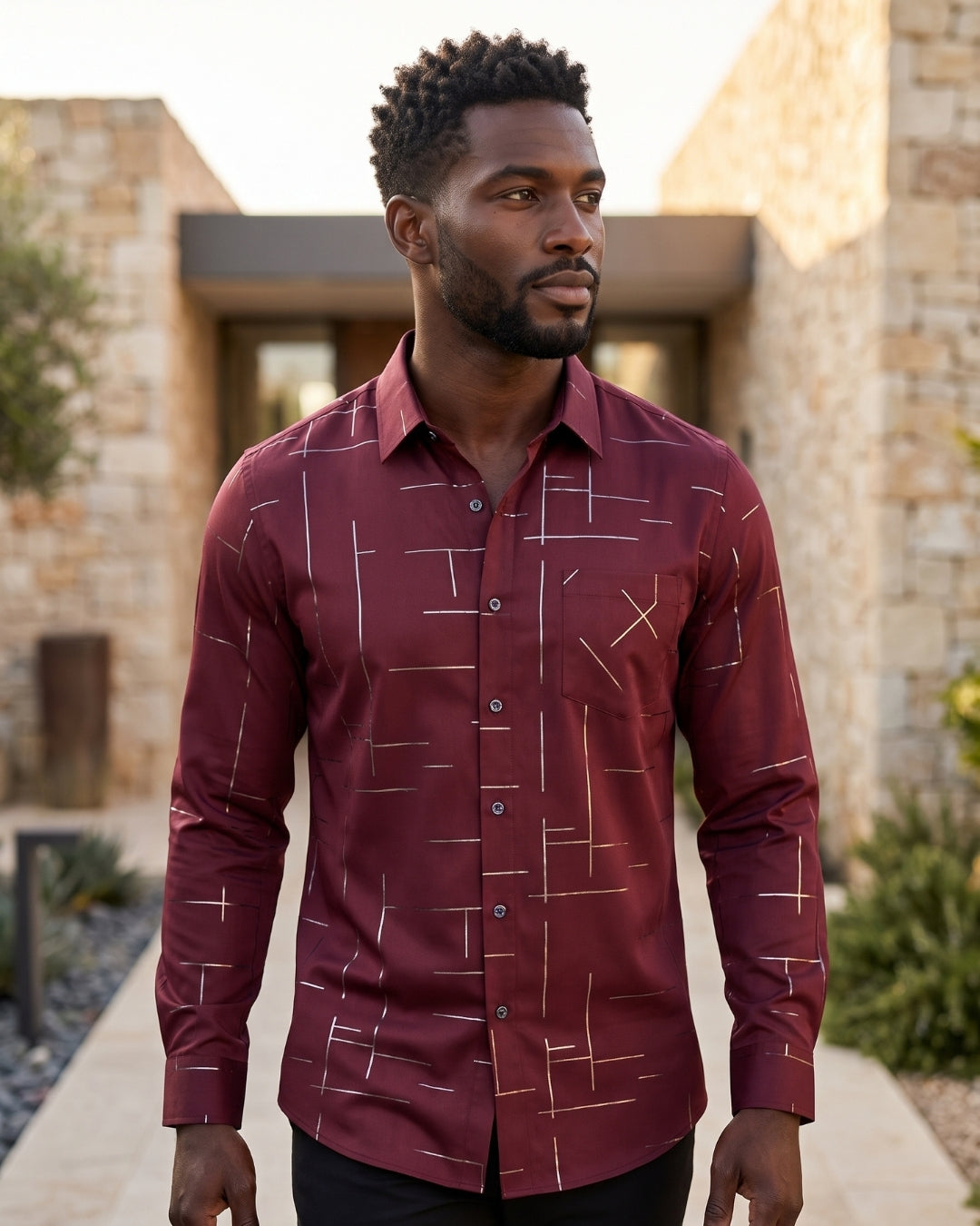 Camisa Manga Longa Estampa Geométrica Com Botões