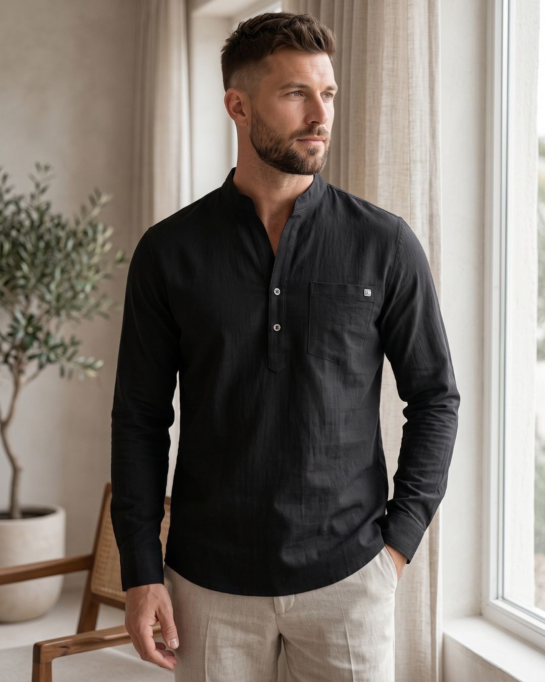 Camisa Gola Henley Manga Longa Com Bolso E Botões
