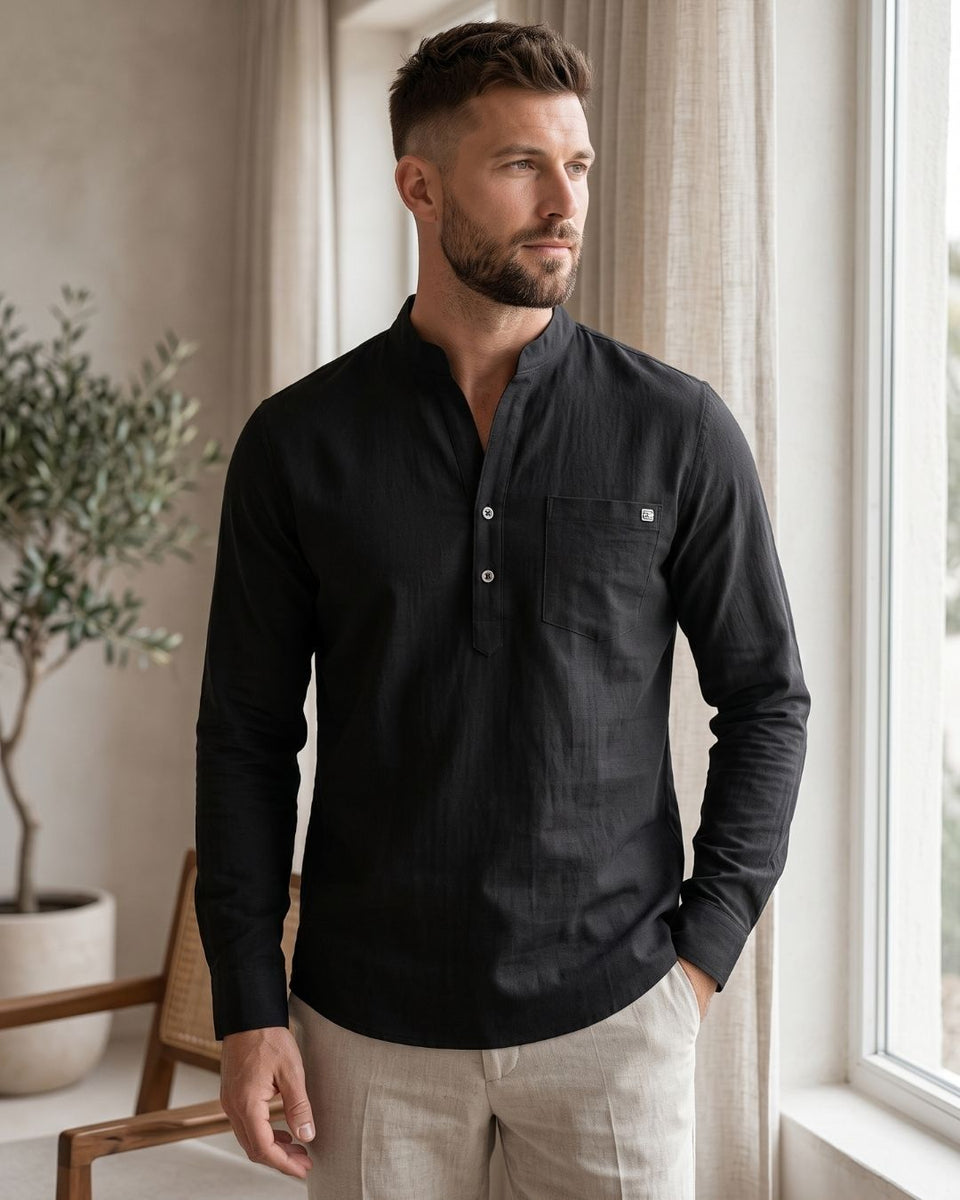Camisa Gola Henley Manga Longa Com Bolso E Botões