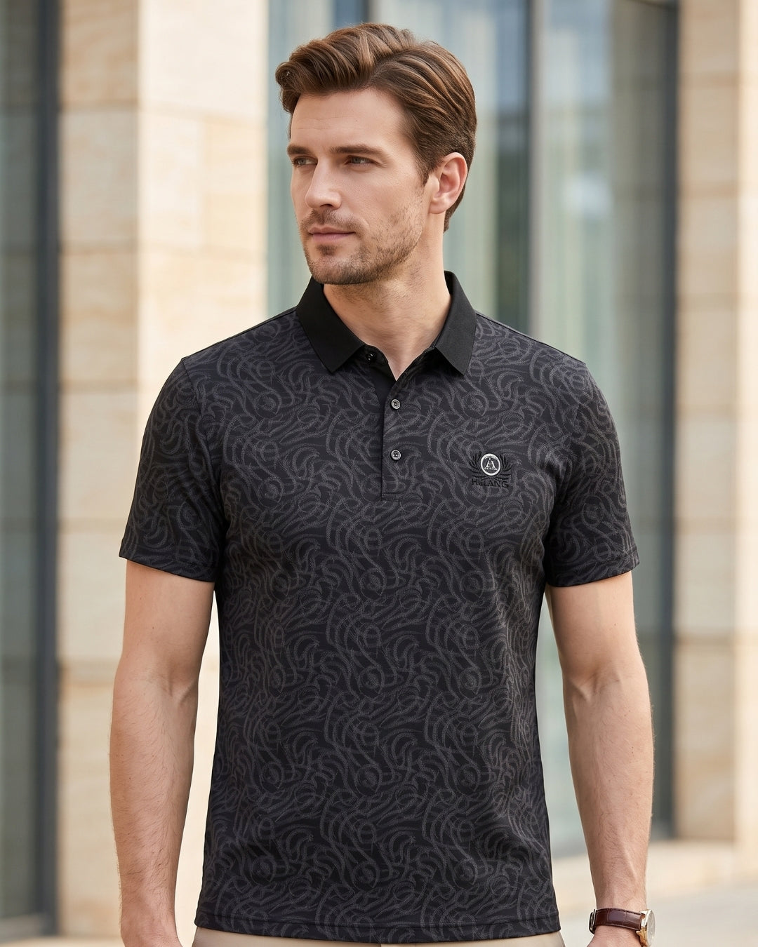 Camisa Polo Manga Curta Estampa Abstrata Com Bordado