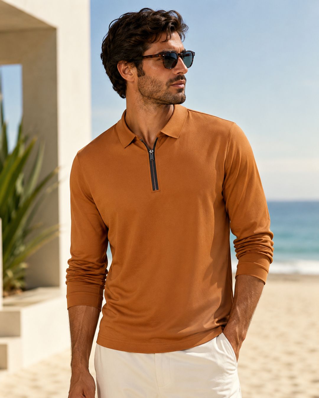 Camiseta Manga Longa Gola Polo Com Zíper Frontal