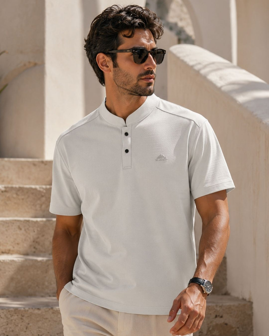 Camiseta Gola Henley Manga Curta Com Botões E Logo