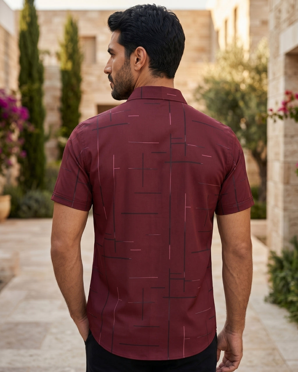 Camisa Manga Curta Estampa Geométrica Com Bolso Frontal