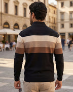 Camiseta Manga Longa Gola Alta Com Zíper E Listras Horizontais