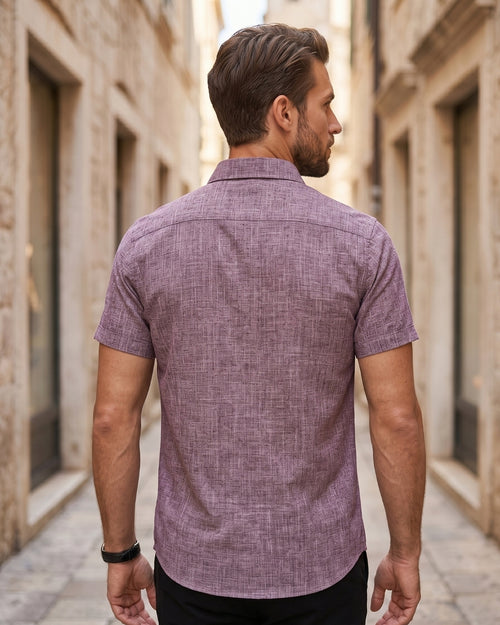 Camisa Manga Curta Textura Linho Com Bolso Frontal
