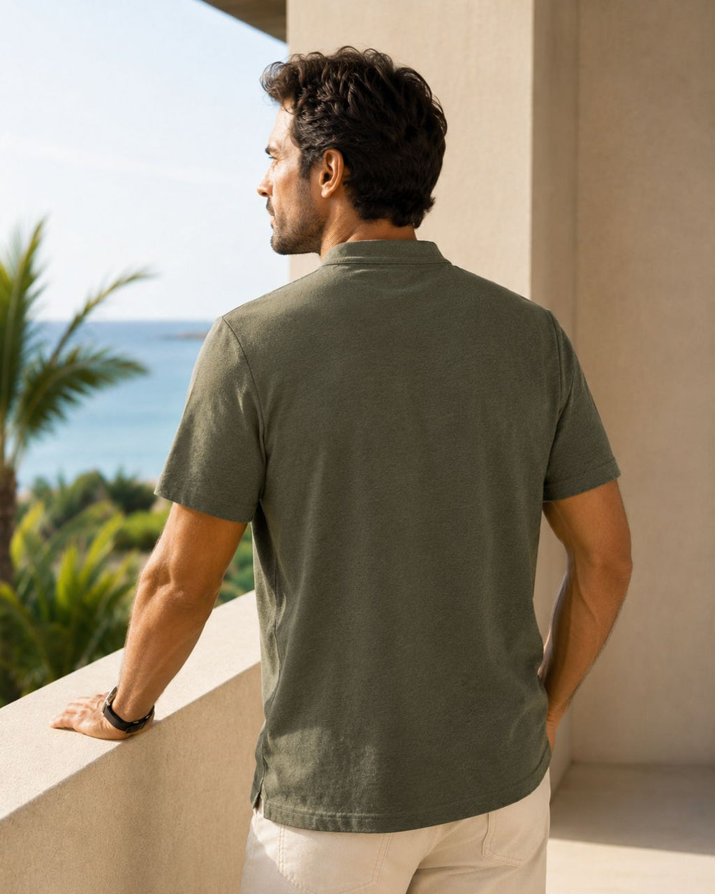 Camiseta Gola Henley Manga Curta Com Bordado Frontal