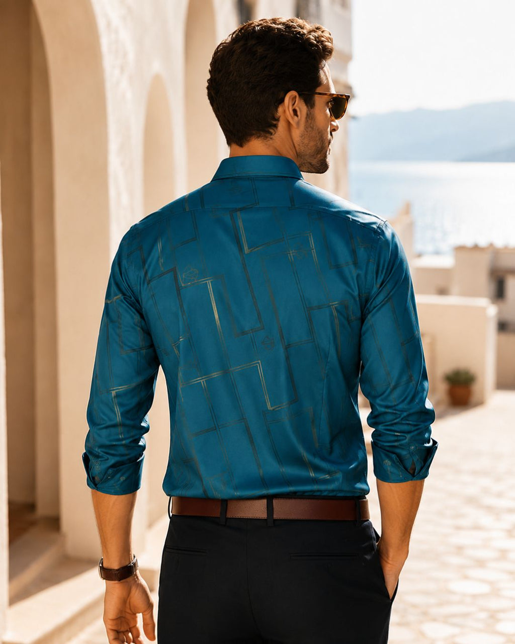 Camisa Manga Longa Estampa Geométrica Com Bolso Frontal