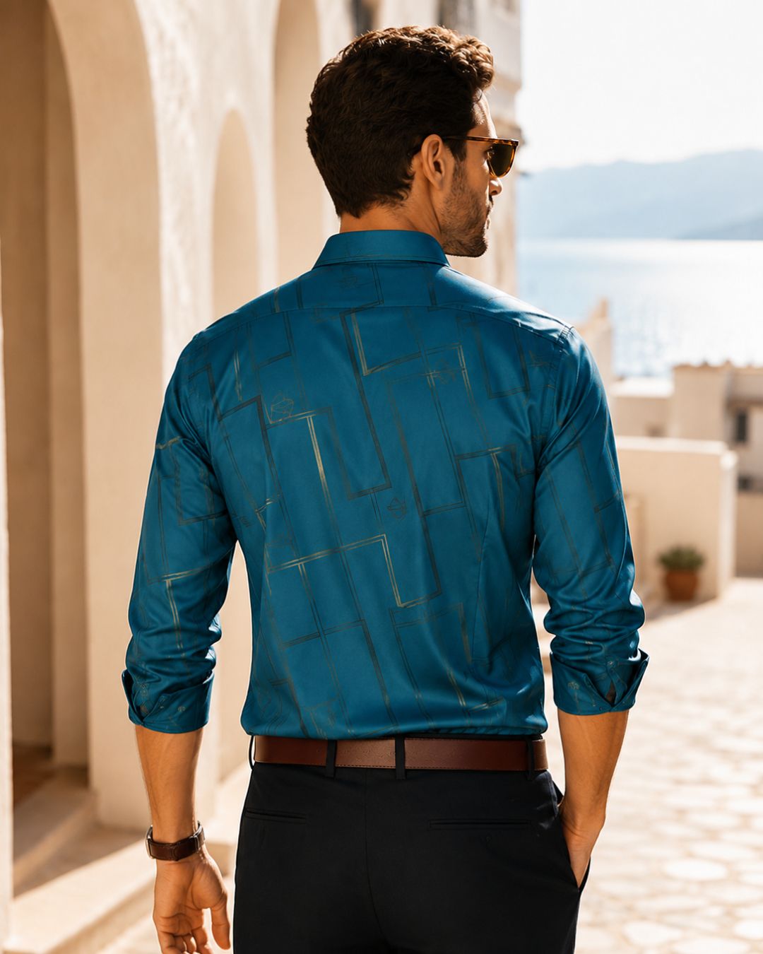 Camisa Manga Longa Estampa Geométrica Com Bolso Frontal