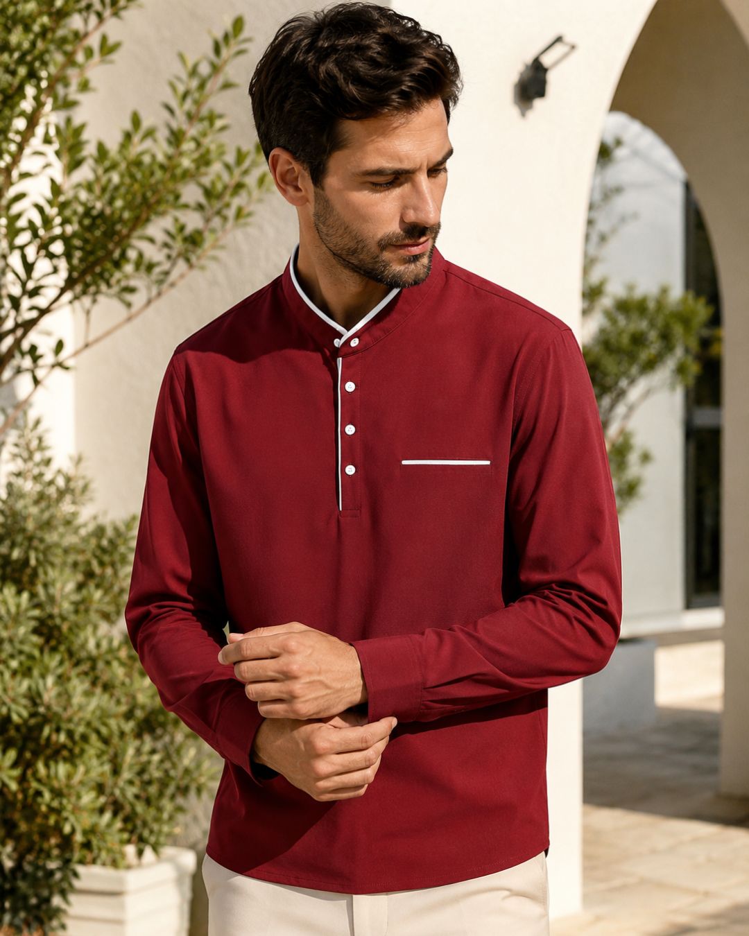 Camiseta Gola Henley Manga Longa Com Bolso Embutido