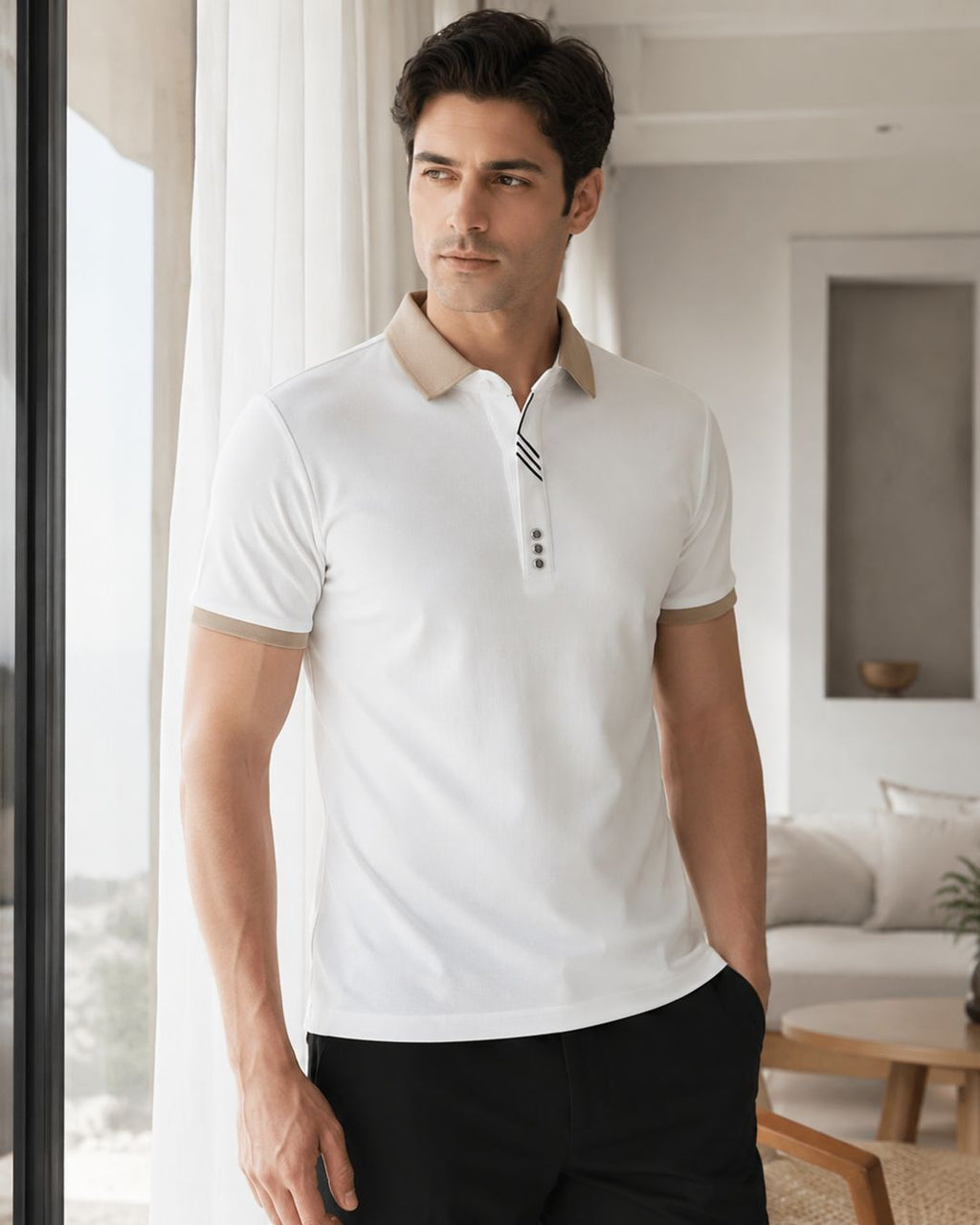 Camisa Polo Manga Curta Gola Contrastante Com Botões
