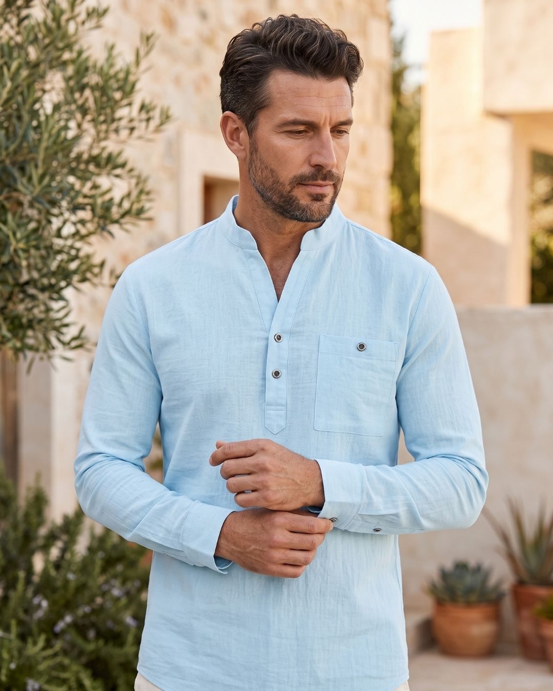Camisa Gola Henley Manga Longa Com Bolso E Botões