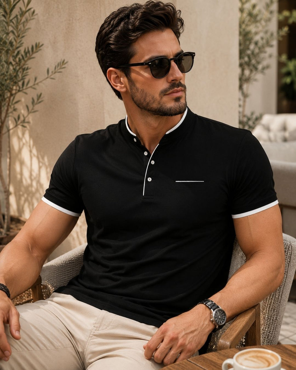 Camiseta Gola Henley Manga Curta Com Botões