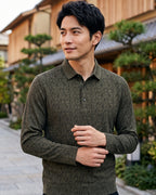 Camisa Polo Manga Longa Estampa Jacquard Minimalista