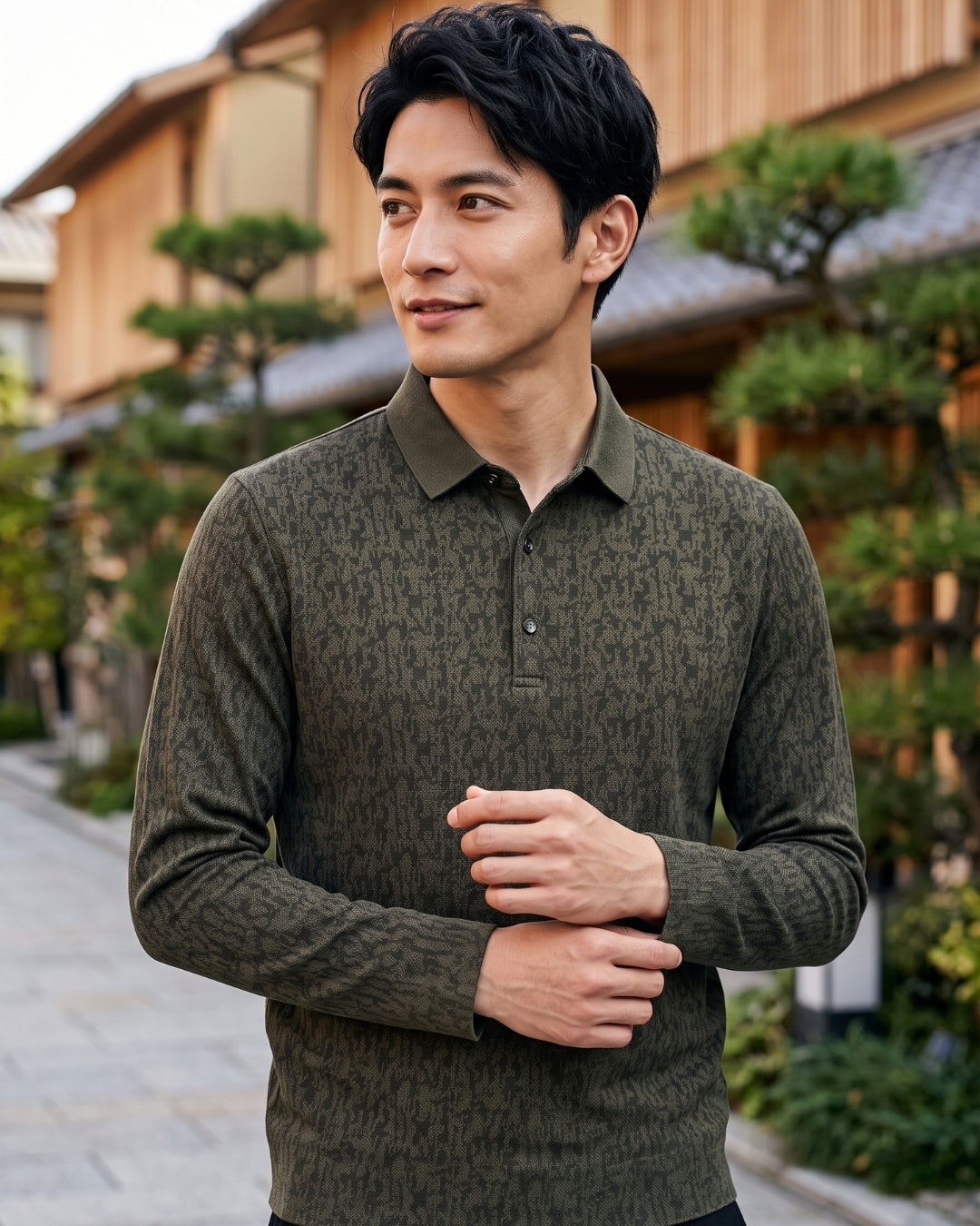 Camisa Polo Manga Longa Estampa Jacquard Minimalista
