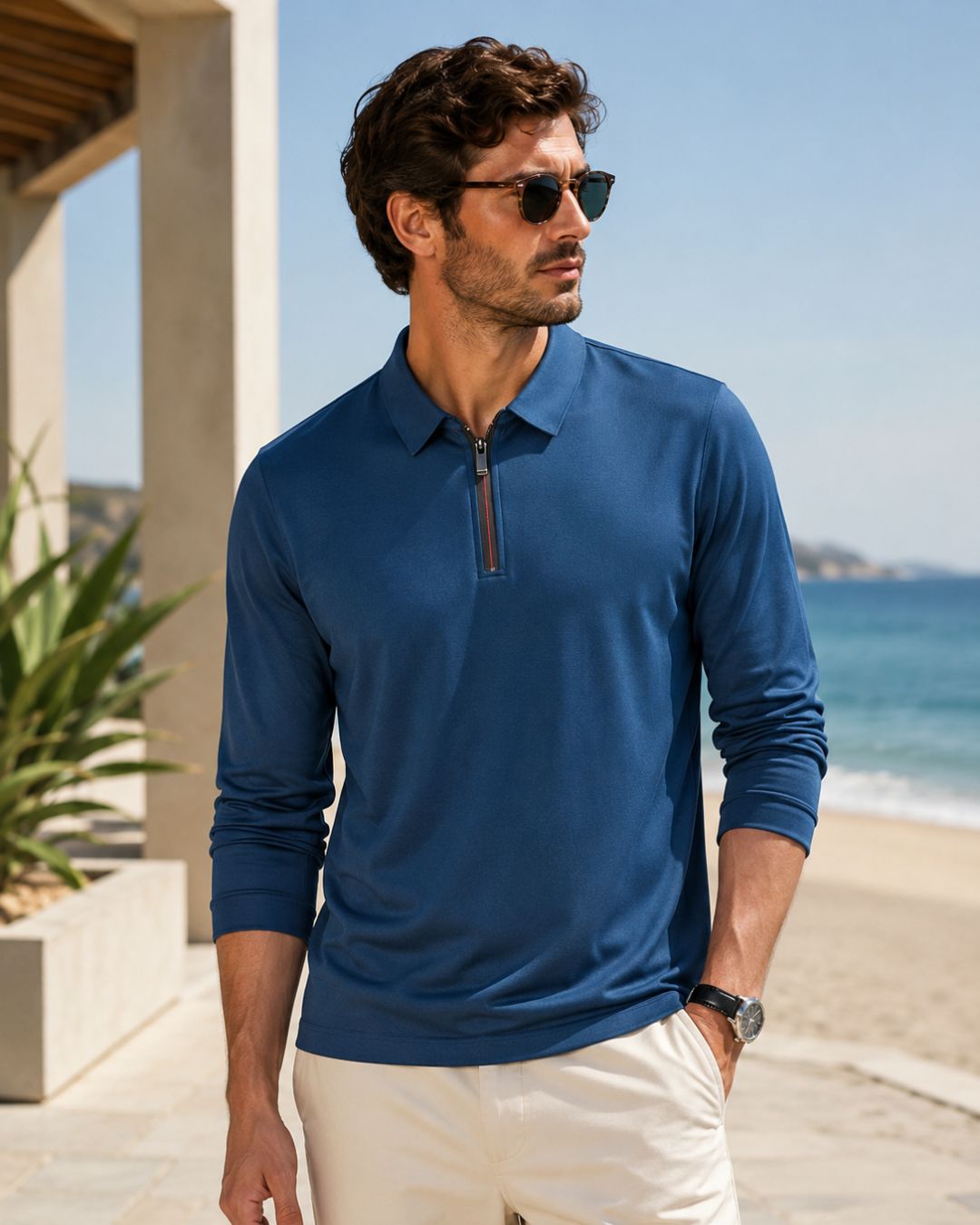 Camiseta Manga Longa Gola Polo Com Zíper Frontal