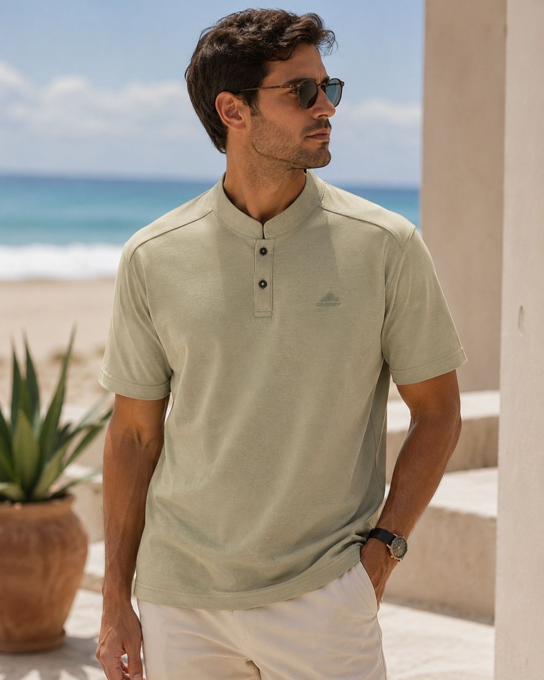Camiseta Gola Henley Manga Curta Com Botões E Logo