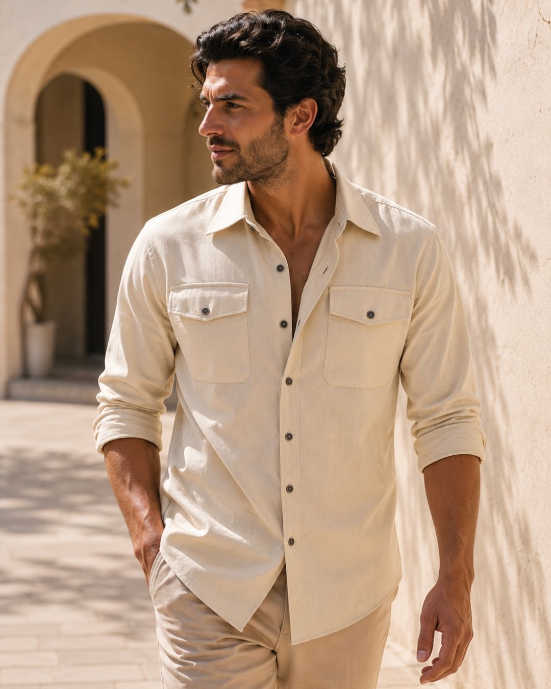Camisa Manga Longa Com Bolsos Frontais E Botões