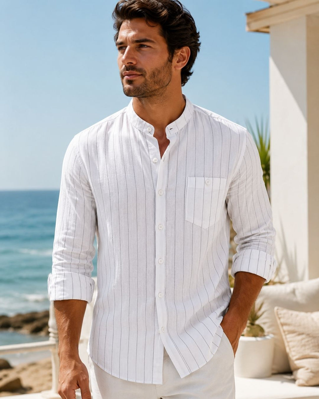Camisa Gola Padre Manga Longa Listrada Com Bolso