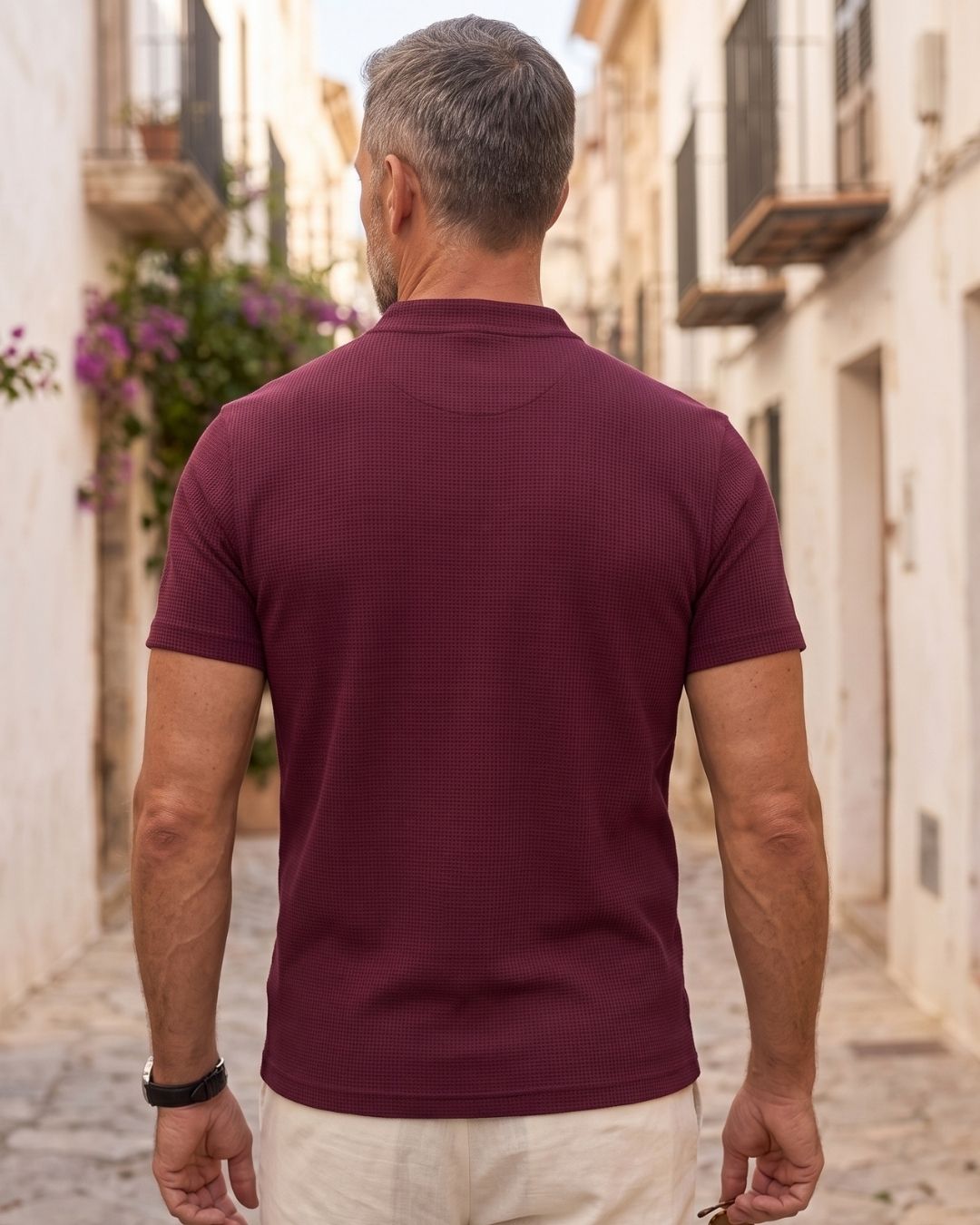 Camiseta Gola Henley Manga Texturizada Com Botões