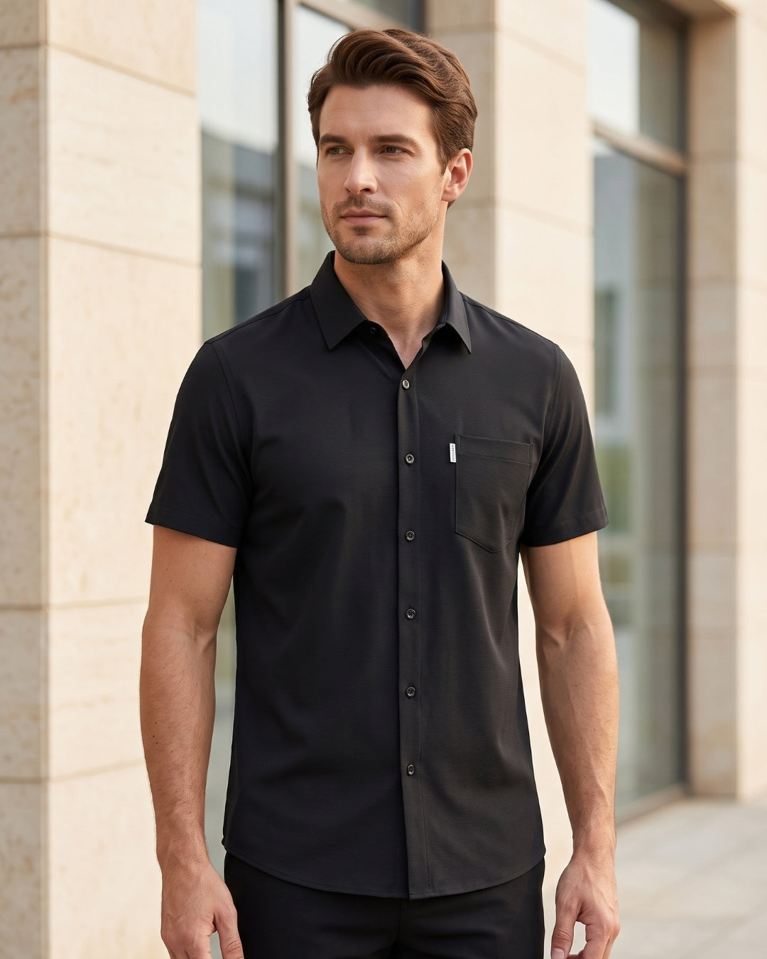Camisa Manga Curta Textura Linho Com Bolso Frontal