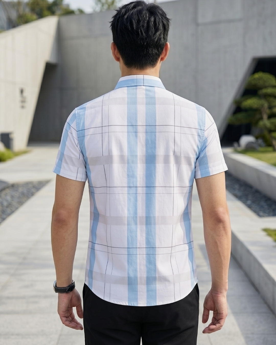 Camisa Manga Curta Estampa Listrada Xadrez Com Botões