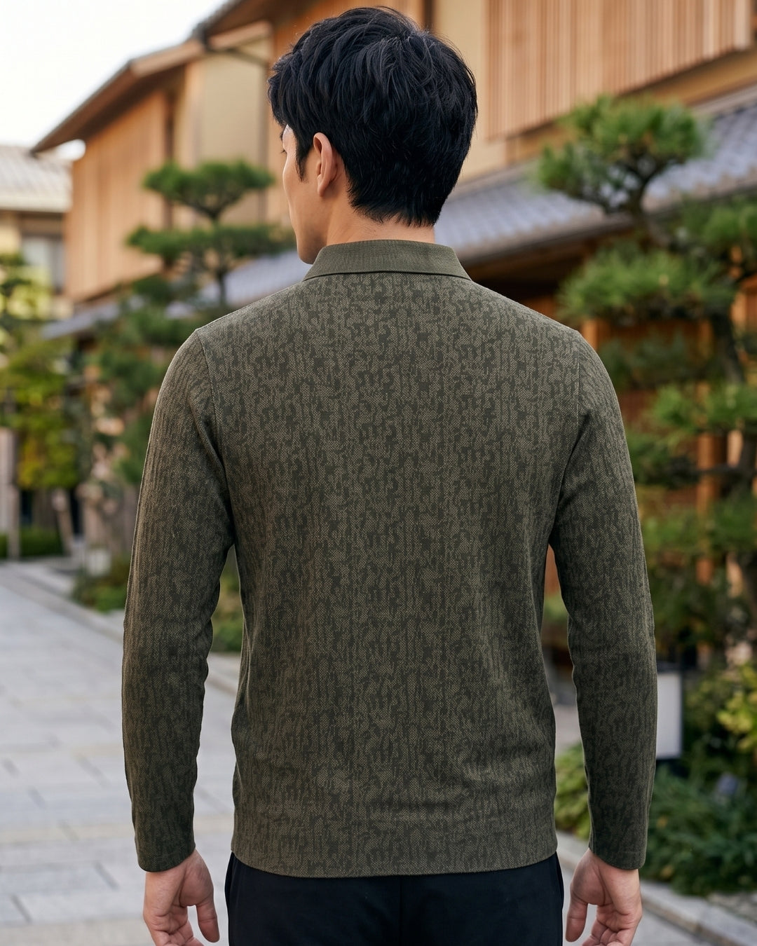 Camisa Polo Manga Longa Estampa Jacquard Minimalista