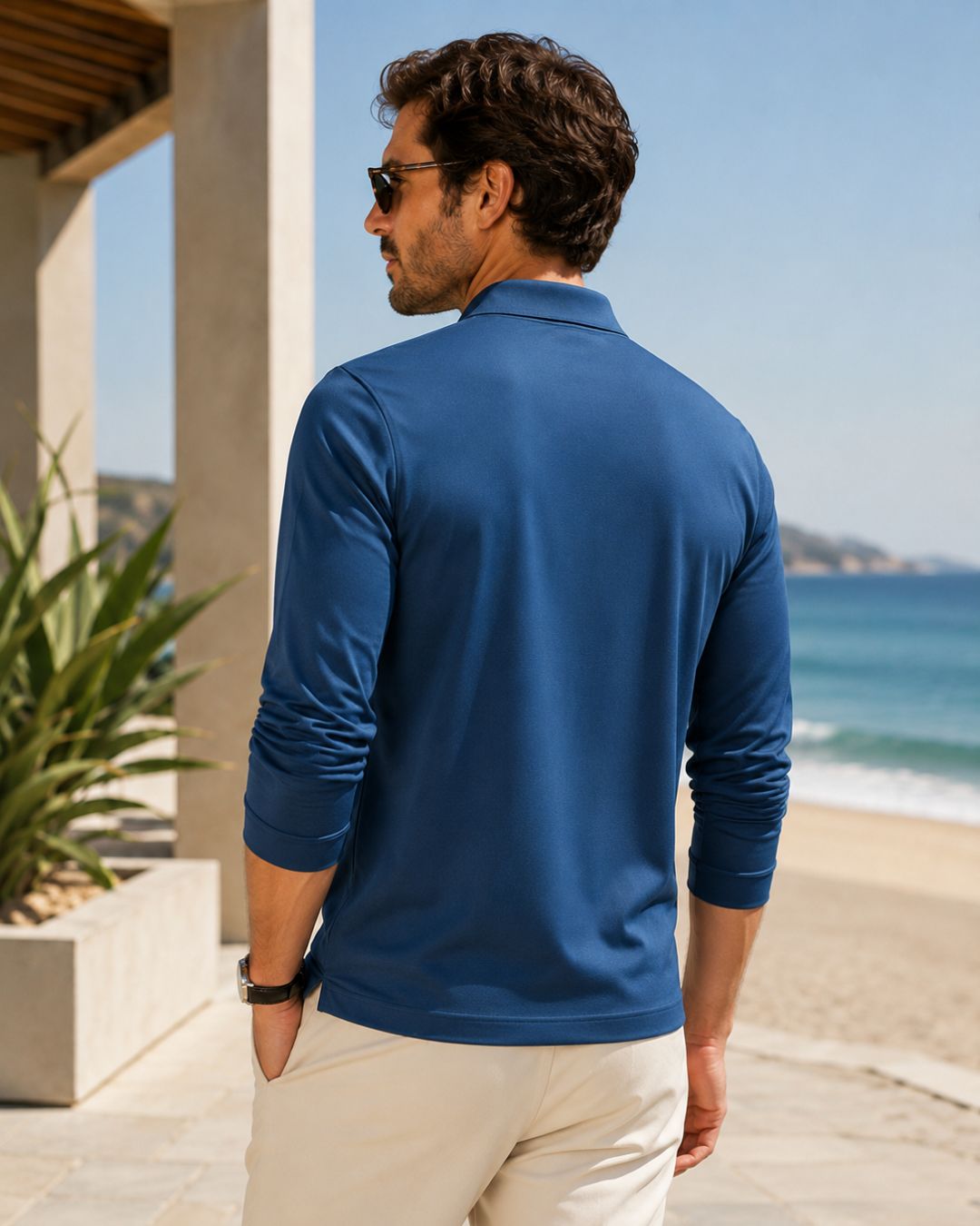 Camiseta Manga Longa Gola Polo Com Zíper Frontal