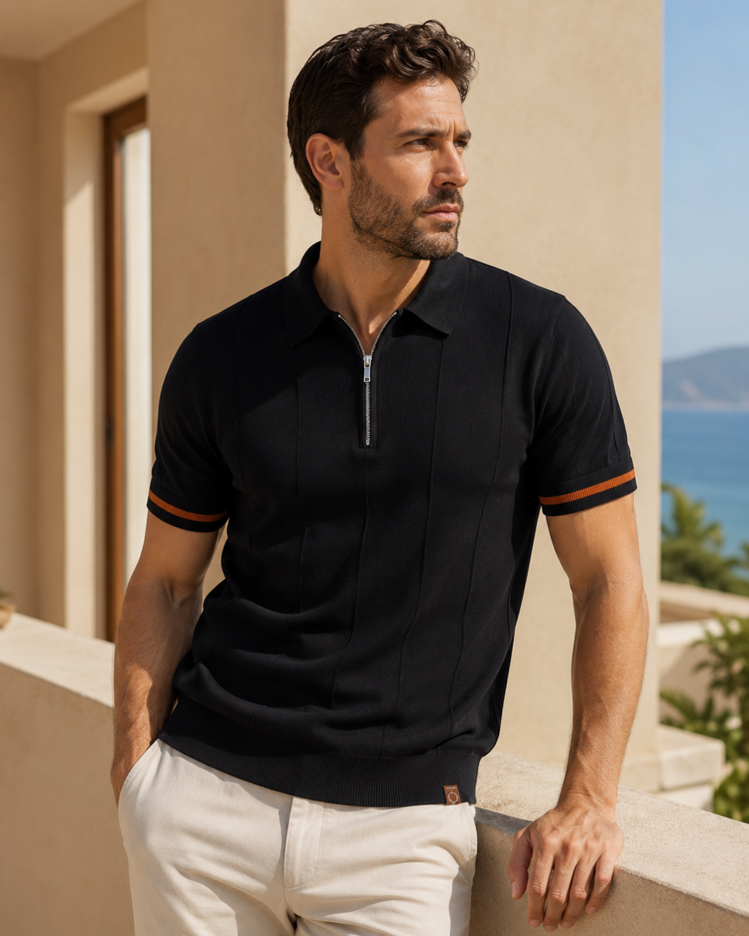 Camisa Polo Manga Curta Texturizada Com Zíper