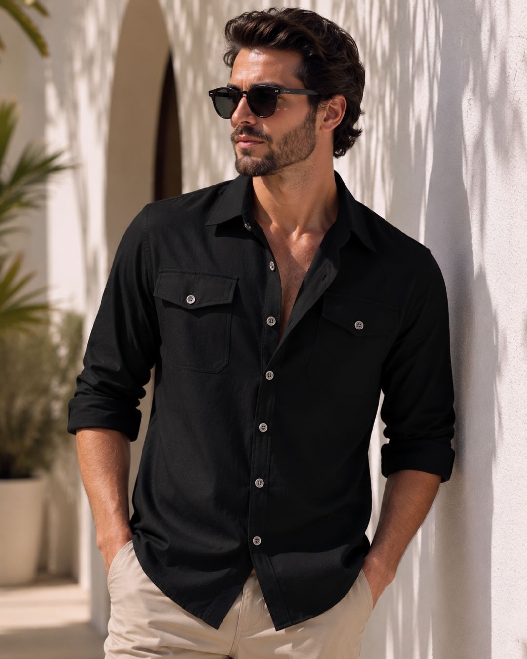 Camisa Manga Longa Com Bolsos Frontais E Botões