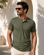 Camiseta Gola Henley Manga Curta Com Botões