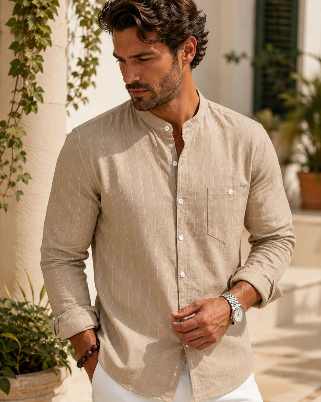 Camisa Gola Padre Manga Longa Listrada Com Bolso