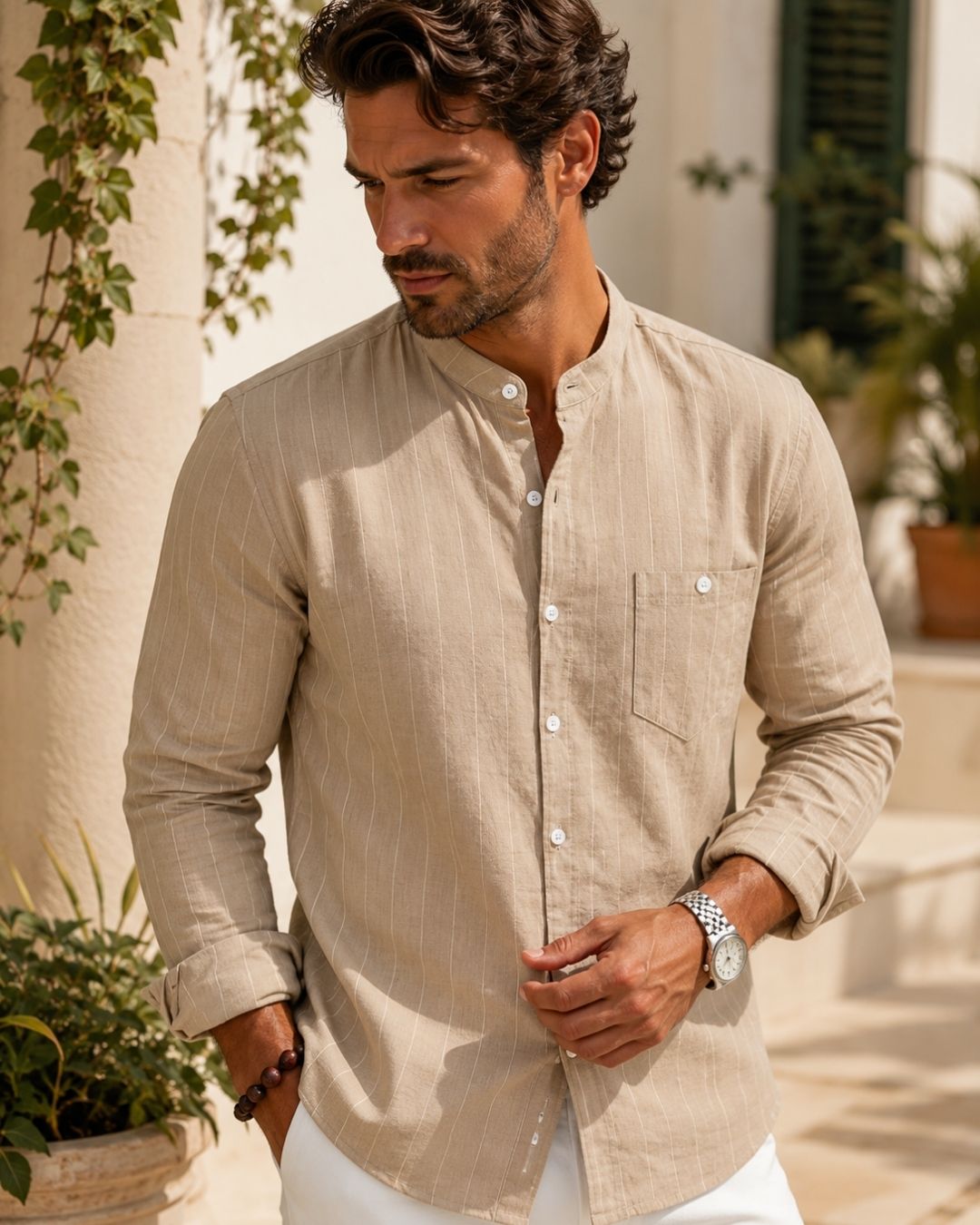 Camisa Gola Padre Manga Longa Listrada Com Bolso