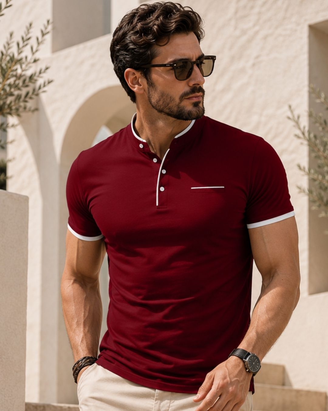 Camiseta Gola Henley Manga Curta Com Botões