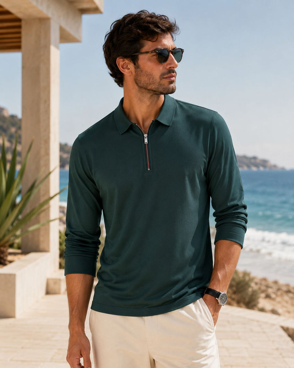 Camiseta Manga Longa Gola Polo Com Zíper Frontal