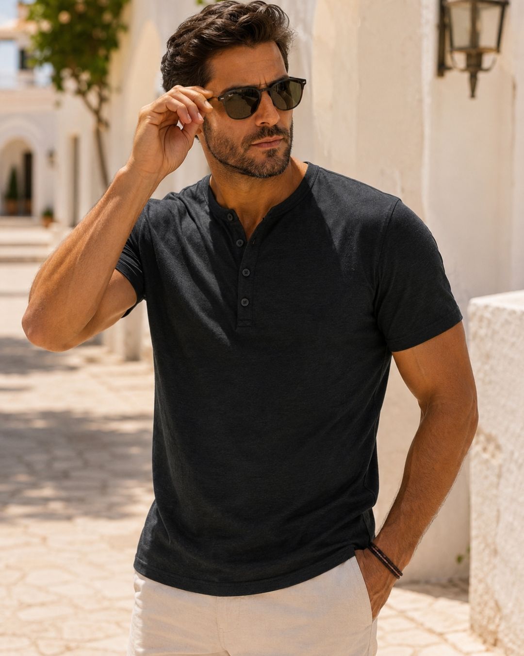 Camiseta Gola Henley Manga Curta