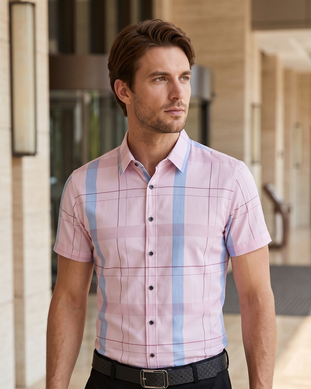 Camisa Manga Curta Estampa Listrada Xadrez Com Botões