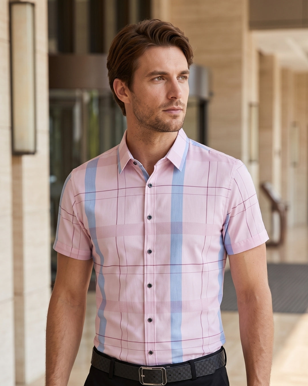 Camisa Manga Curta Estampa Listrada Xadrez Com Botões