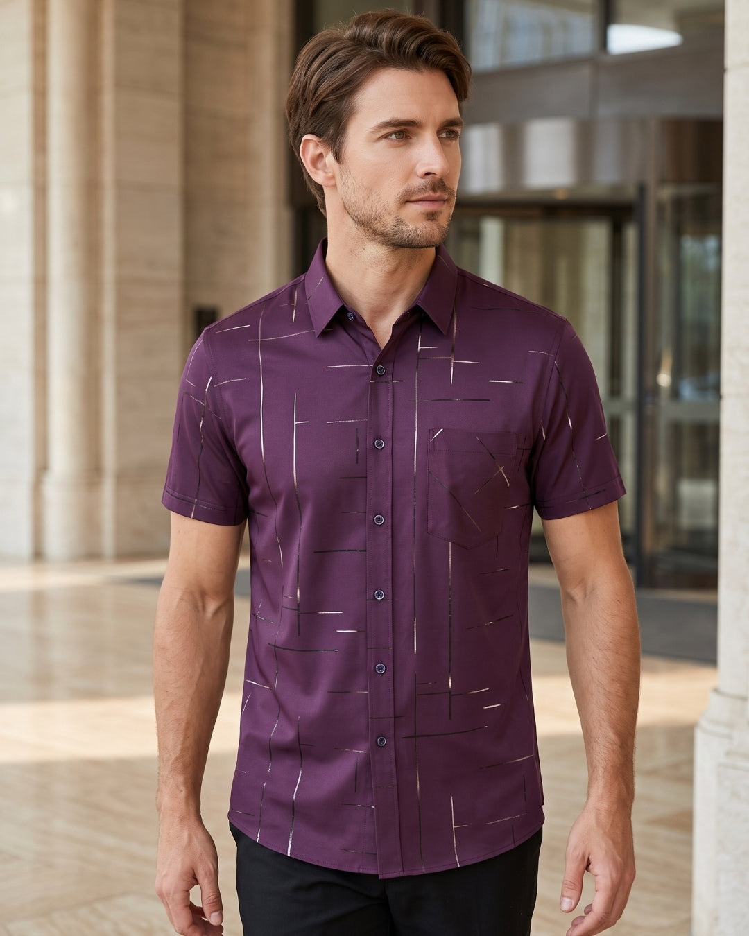 Camisa Manga Curta Estampa Geométrica Com Bolso Frontal
