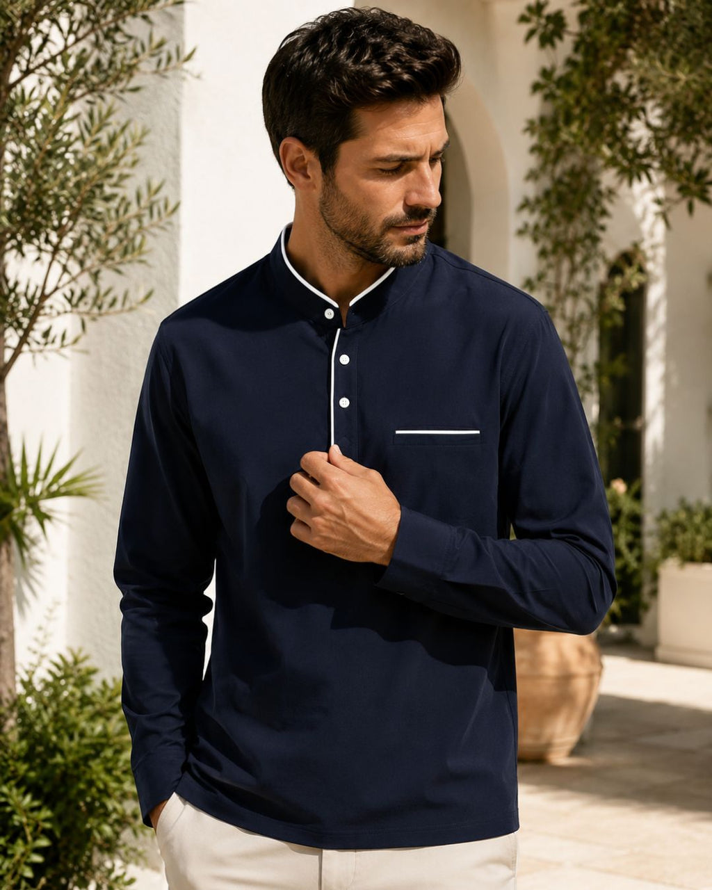 Camiseta Gola Henley Manga Longa Com Bolso Embutido
