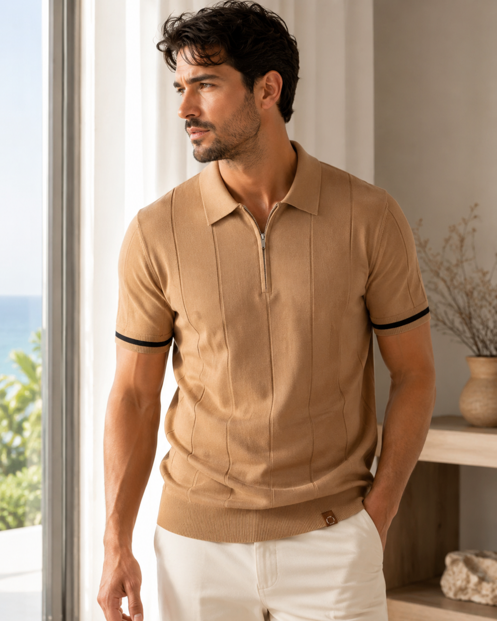 Camisa Polo Manga Curta Texturizada Com Zíper