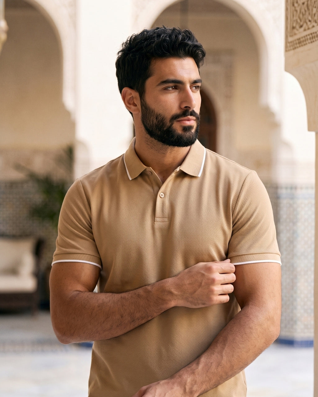 Camisa Polo Manga Curta Gola Contrastante Textura Piquet