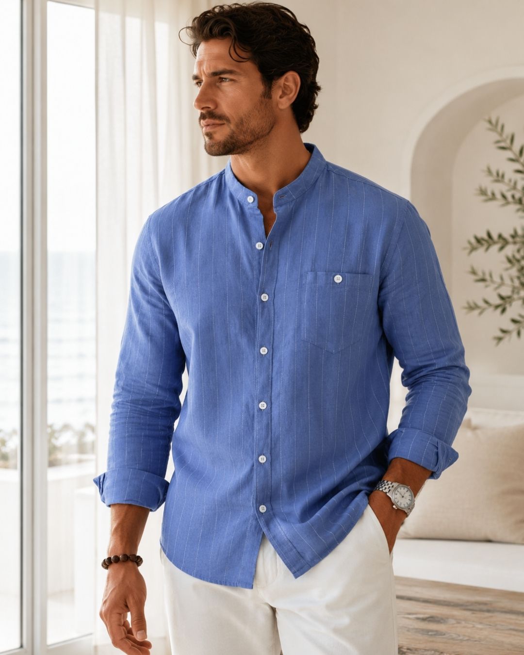Camisa Gola Padre Manga Longa Listrada Com Bolso