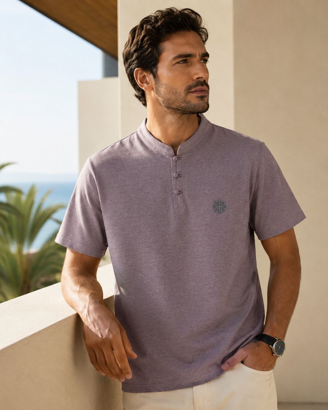 Camiseta Gola Henley Manga Curta Com Bordado Frontal