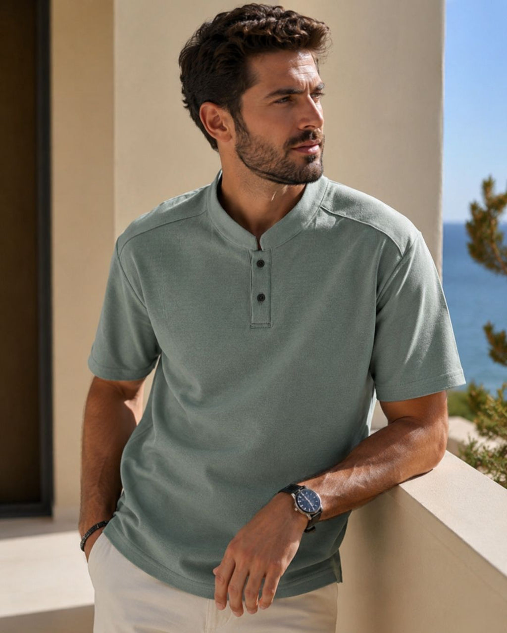 Camiseta Gola Henley Manga Curta Com Botões E Logo