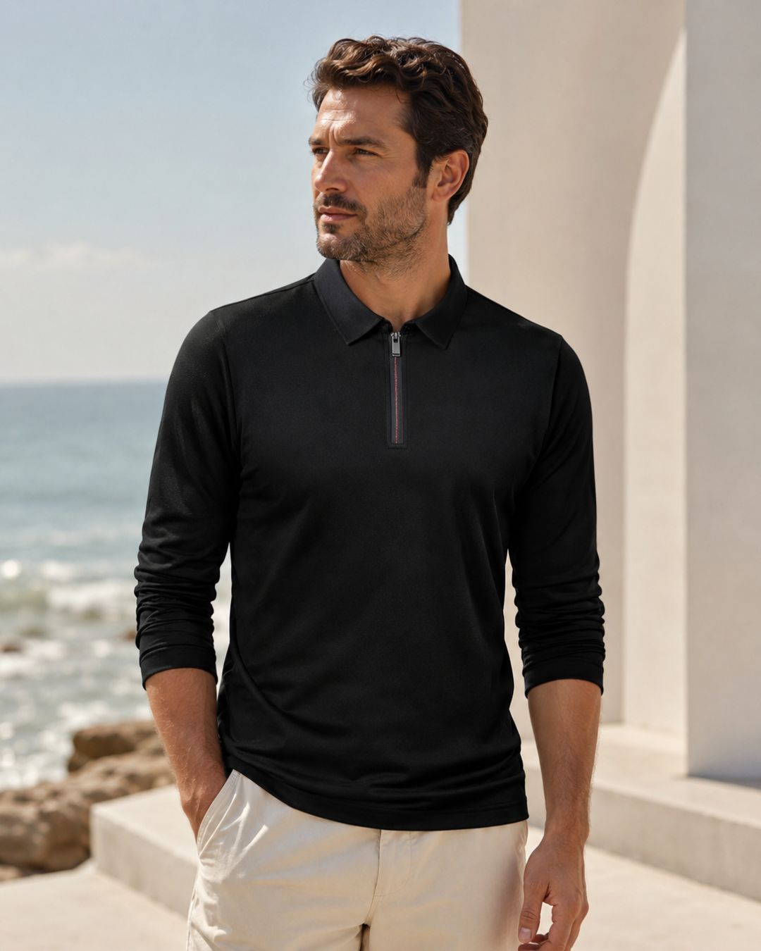 Camiseta Manga Longa Gola Polo Com Zíper Frontal